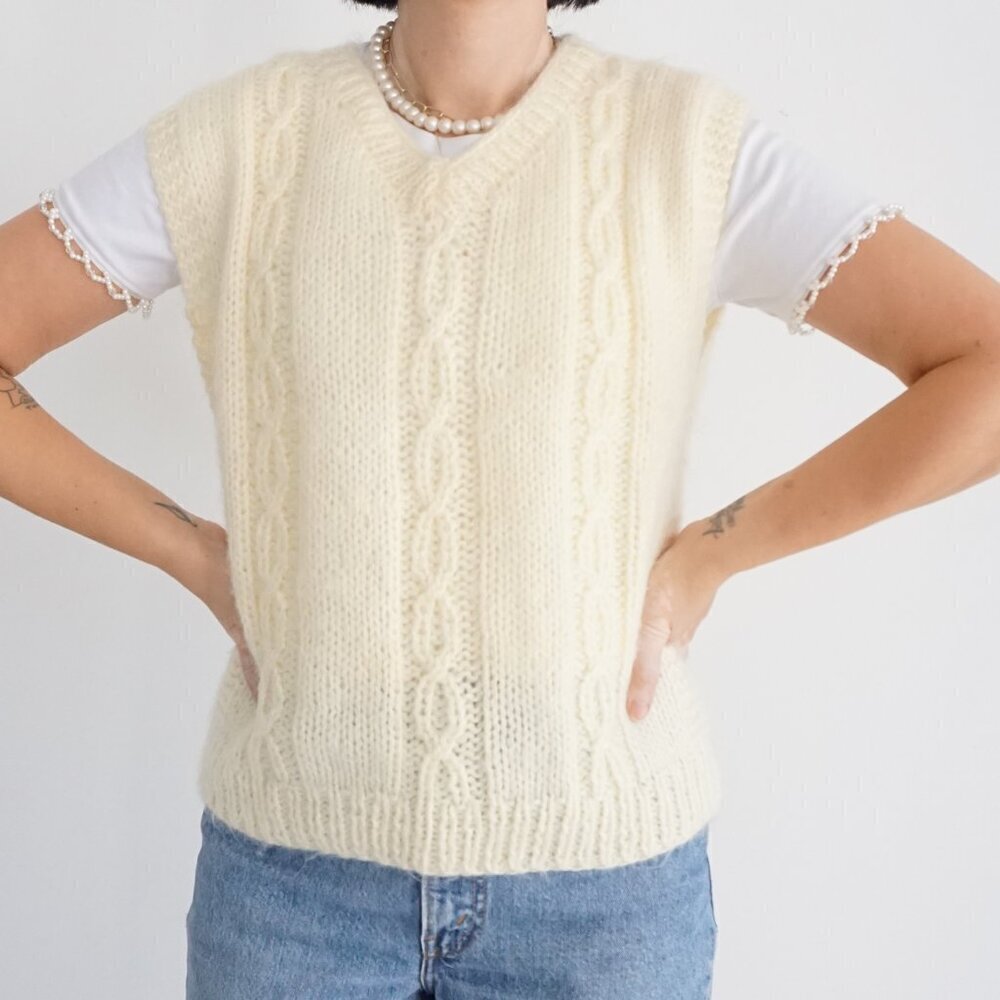 Handmade Cream Cable Braided Knit Fisherman Sweater Vest M